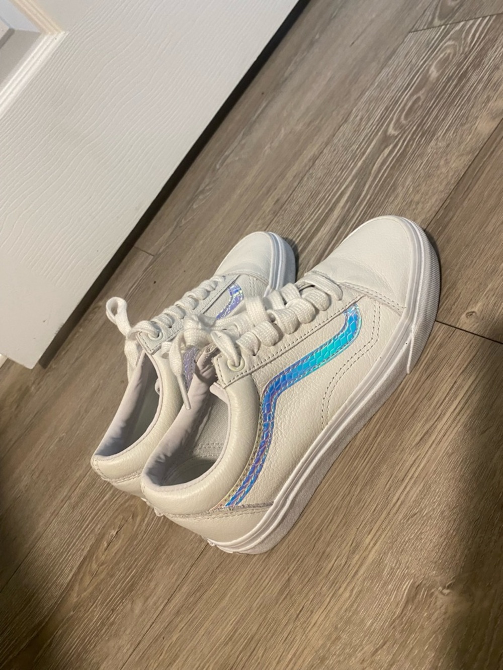 Women’s White VANS Sneakers with Iridescent Blue Accent - Classic Low Top w/ tie